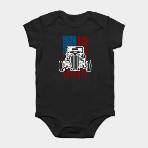 Vintage Hot Rod American Flag Classic Car Baby Bodysuit by RadStar